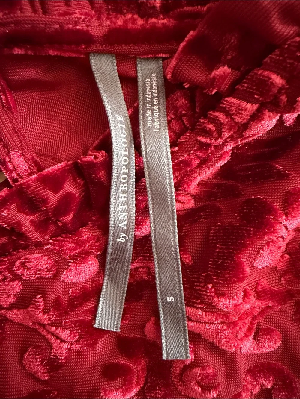 S - Anthropologie-Deep Burgundy Burnout Velvet Long-Sleeve Top with Lace-Up Back